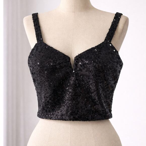 Madden NYC Top Womens Medium Black Sequin Bustier Cropped Spaghetti Party Glam - Picture 4 of 7